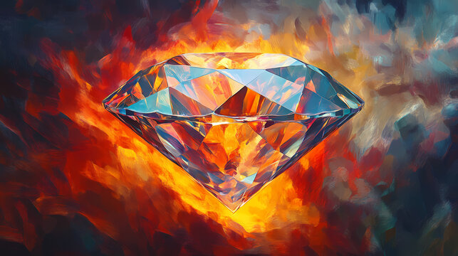 An exquisite diamond glowing with inner fire against a chaotic and textured abstract background, conveying a feeling of energy and intensity. Exquisite. Illustration