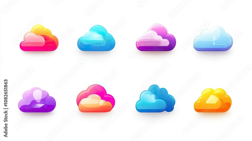 Poster collection of colorful cartoon cloud icons featuring gradient styles and unique designs for use in d