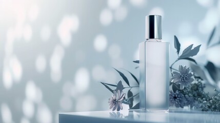Elegant Glass Perfume Bottle Surrounded by Delicate Flowers and Soft Bokeh Background for Stylish Lifestyle or Beauty Product Presentation