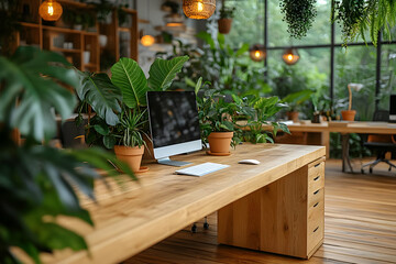 Photo Modern Office Desk Workspace Greenery Plants Interior Design
