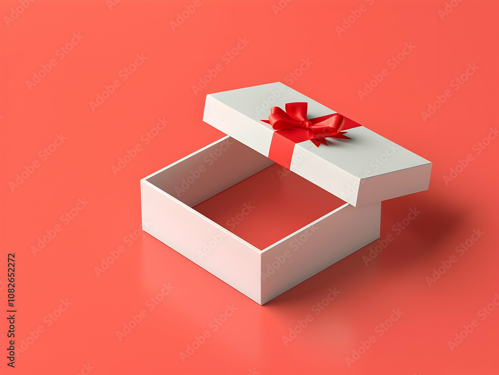 Poster an open white gift box with a red ribbon bow on the top, with empty space inside for product display