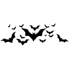Flying bat silhouettes. Isolated black bats, swarm fly animals. A silhouette of bat, Halloween bat collection, halloween bat element. 