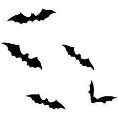 Flying bat silhouettes. Isolated black bats, swarm fly animals. A silhouette of bat, Halloween bat collection, halloween bat element. 