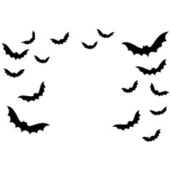 Flying bat silhouettes. Isolated black bats, swarm fly animals. A silhouette of bat, Halloween bat collection, halloween bat element. 