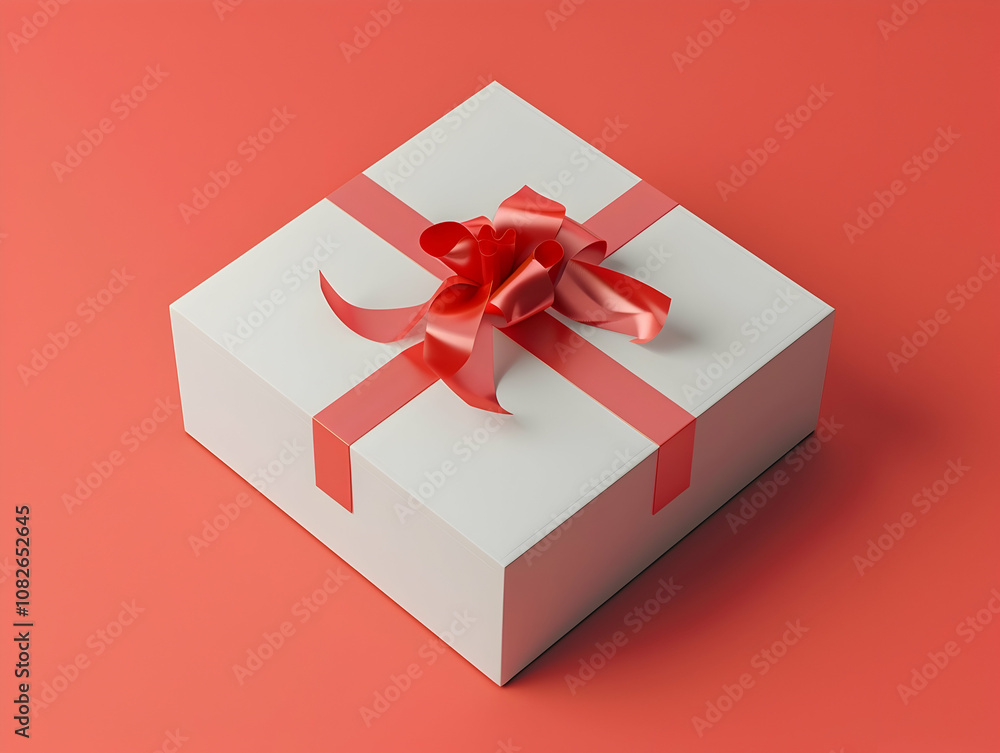 Poster an open white gift box with a red ribbon bow on the top, with empty space inside for product display