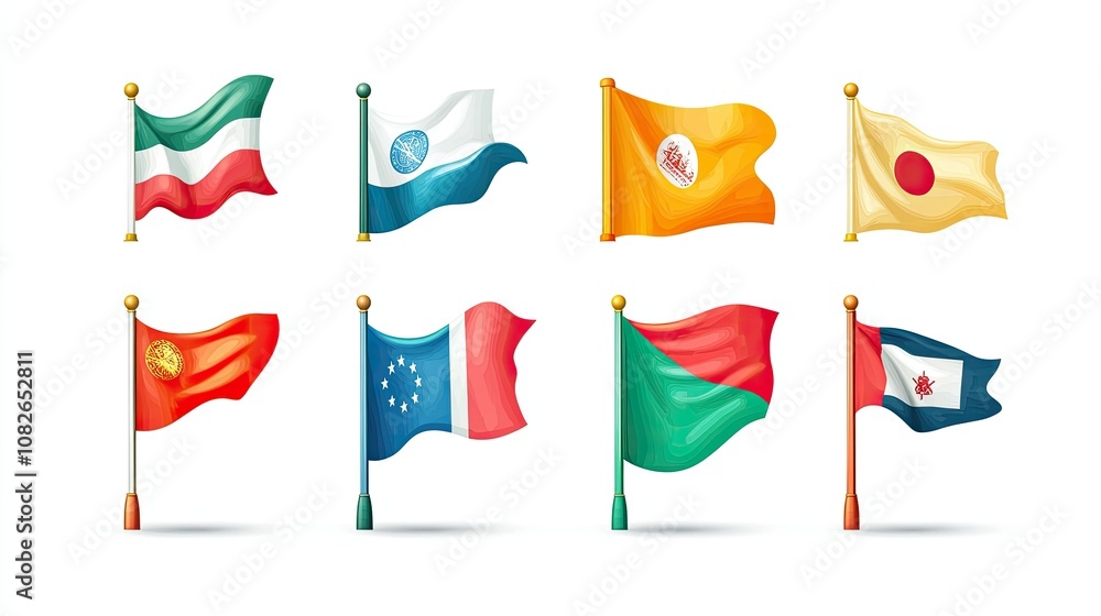 Poster collection of various national flags waving in wind on white background representing global diversit