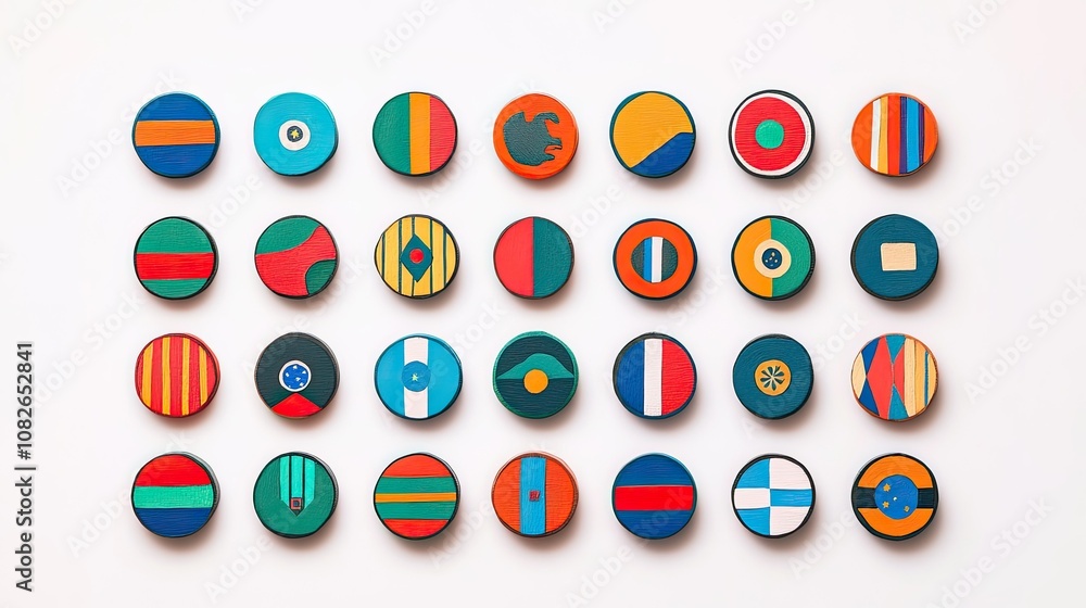 Poster colorful circular tokens with various patterns and designs displayed on a white background, perfect 