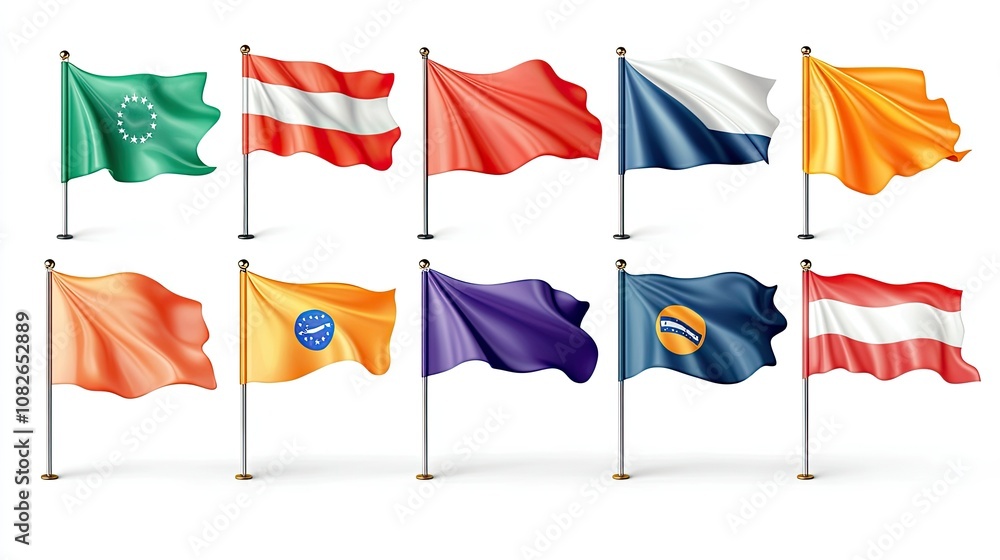 Poster collection of various colorful flags from different countries displayed in a row on white background