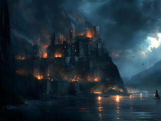 Illustration of Burning Castle on a Cliff by the Sea at Night