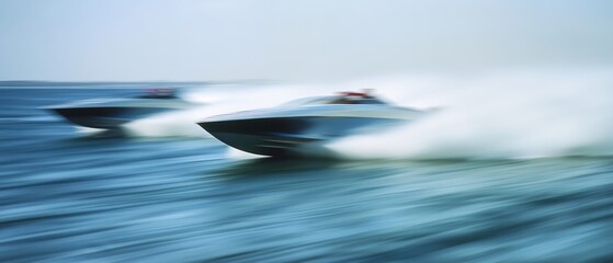 Obraz premium Two speedboats race across the ocean, leaving trails of white spray as they slice through the water.