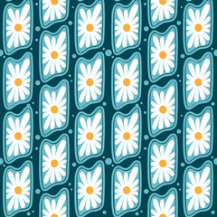 Seamless vector pattern featuring stylized white daisies with yellow centers framed in wavy blue rectangles on a teal background, creating a retro, playful design.