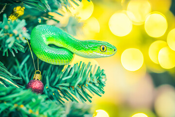 Fototapeta premium a snake on a New Year's background for postcards, banners, backgrounds. 2025. 2037.