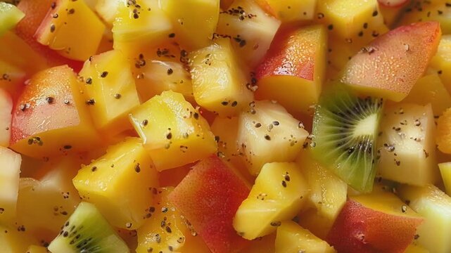 Delicious and healthy tropical fruit salad made with juicy pineapple, mango and kiwi fruit chunks sprinkled with chia seeds