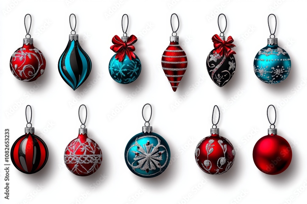 Poster flat 2d illustration of a set of holiday ornaments in different shapes and colors, festive and playf