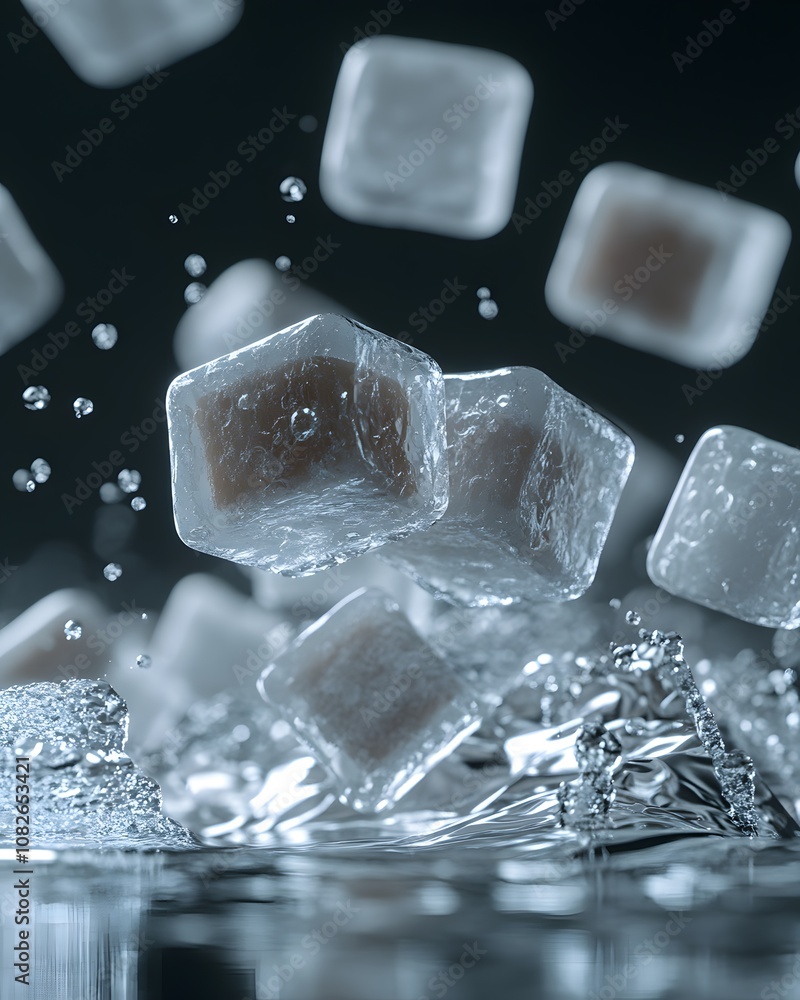 Aufkleber ice cubes splash into water, creating dynamic movement and clarity.