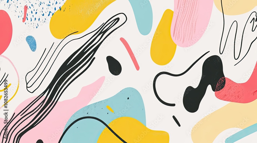 Poster abstract colorful shapes and lines pattern with dashes and swirls in various hues on white backgroun