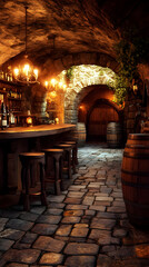 Fototapeta premium Illustration of Cozy Tavern Interior Bar, Barrels, Stone Floor