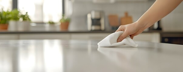 Cozy Morning in a Spacious Kitchen - Hand Wiping Glossy Countertop with Cloth Reflecting Warm Tones and Simple Decor in a Bright Setting