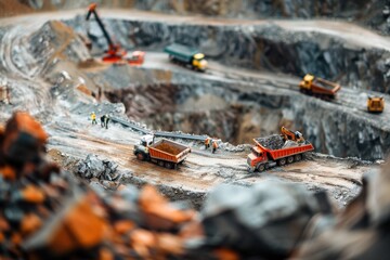 Heavy machinery works at a quarry site with trucks and excavators transporting materials during daylight hours