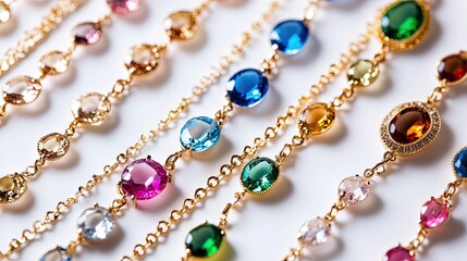 Elegant collection of colorful gemstone necklaces and bracelets displayed on a neutral background showcasing the variety and brilliance of fashion jewelry pieces