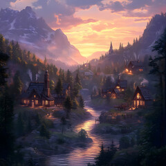 Fototapeta premium Illustration - Cozy Village Sunset, Mountain Valley, River, Forest