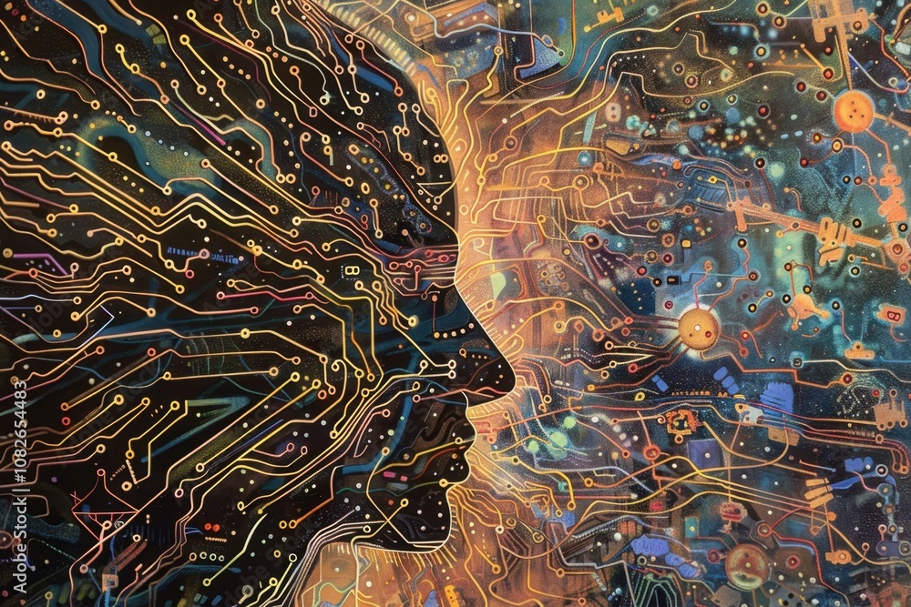 Aufkleber A digital representation of a woman's profile intertwined with circuitry, reflecting the fusion of human and technology in a futuristic setting