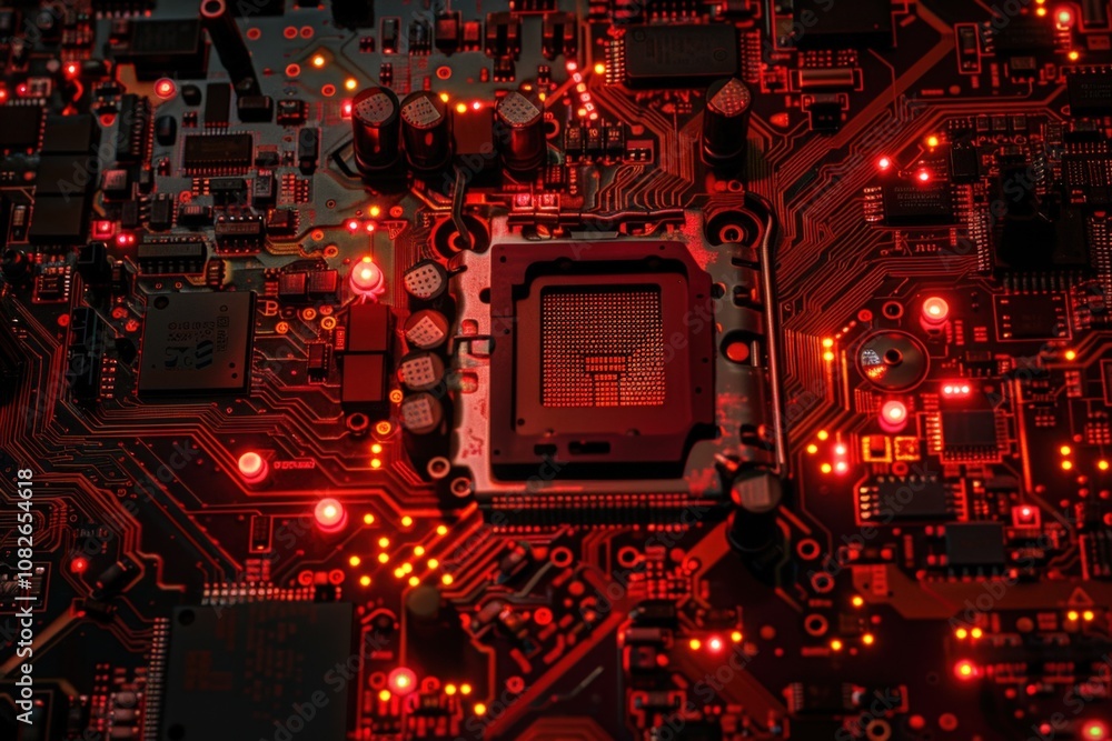 Aufkleber A close-up view of a modern computer circuit board illuminated by vibrant lights, showcasing intricate patterns and components during a tech-oriented exploration at night
