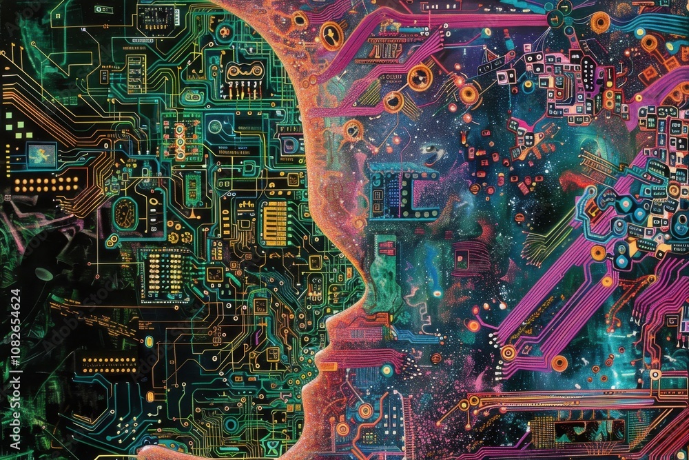 Poster A digital representation of a woman's profile intertwined with circuitry, reflecting the fusion of human and technology in a futuristic setting