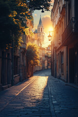 Obraz premium A cobblestone street with a church in the background