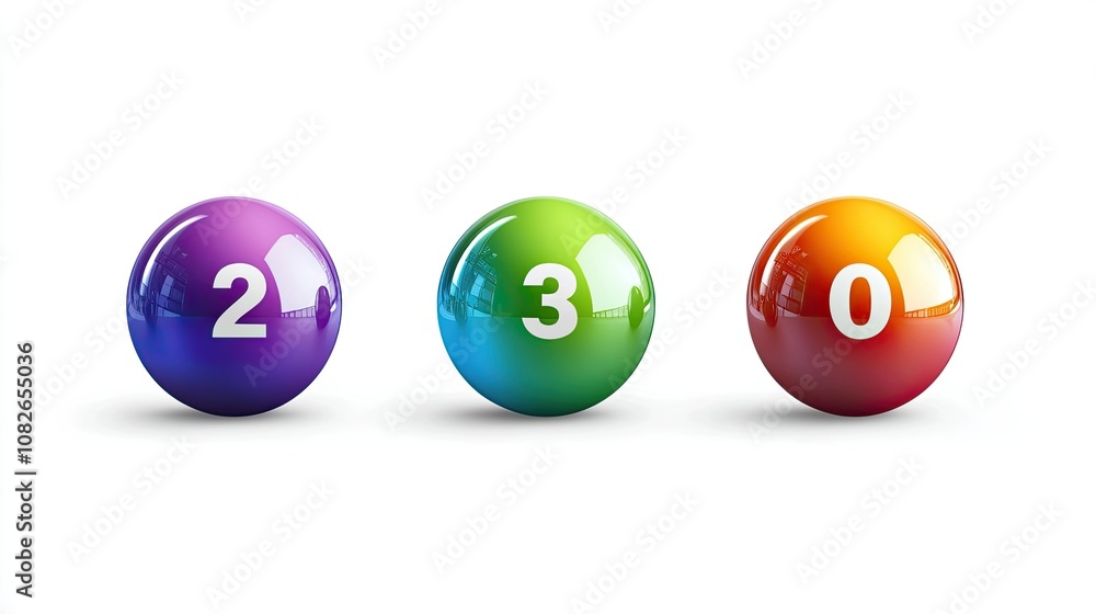 Poster colorful glossy balls with numbers two, three, and zero on a bright background representing concepts