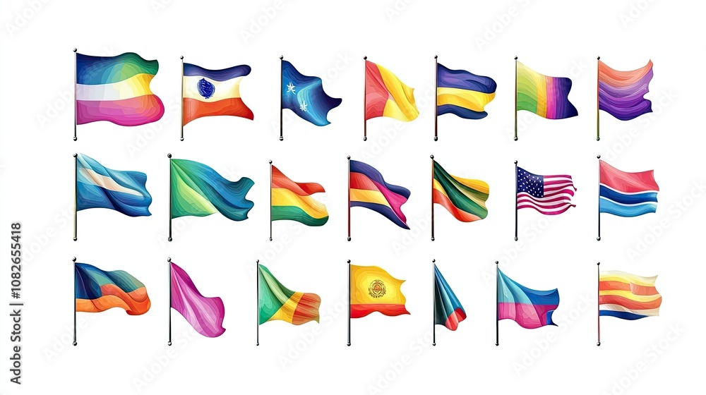Poster diverse collection of colorful flags representing various countries, cultures, and communities in a 