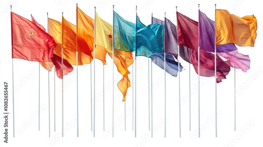 Poster a colorful display of vibrant flags gently waving in the wind, symbolizing unity, diversity, and int