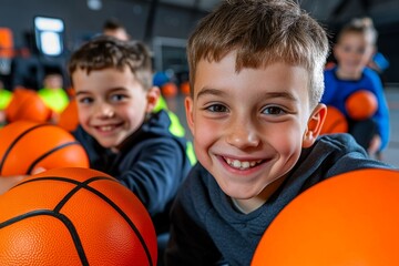Gym class with students playing basketball, energetic and fun atmosphere