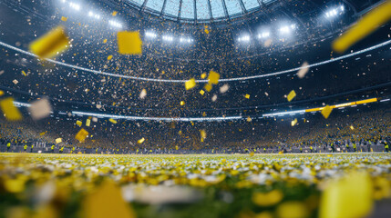 Colorful Confetti Falling on Stadium Field with Audience in Background. Celebration and Festive Atmosphere