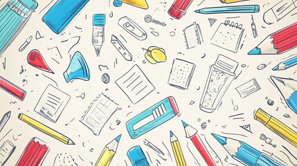 Charming hand-drawn doodles of various stationery items like pencils, erasers, and sticky notes, creating a playful and creative backdrop