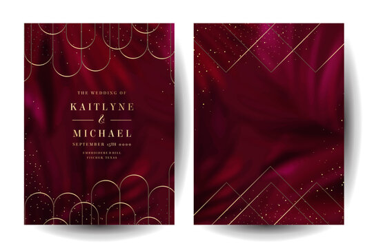 Bright magenta tropical leaves foliage vector backgrounds. Burgundy red wedding invitation frames. Art deco cards with gold geometric ornament. Wine colored save the date. Elegant party templates