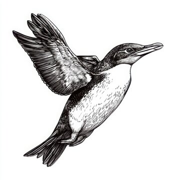 recommend clip art: Detailed black and white line art of a flying penguin, set on a solid white background. 