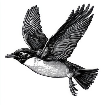 recommend clip art: Detailed black and white line art of a flying penguin, set on a solid white background. 