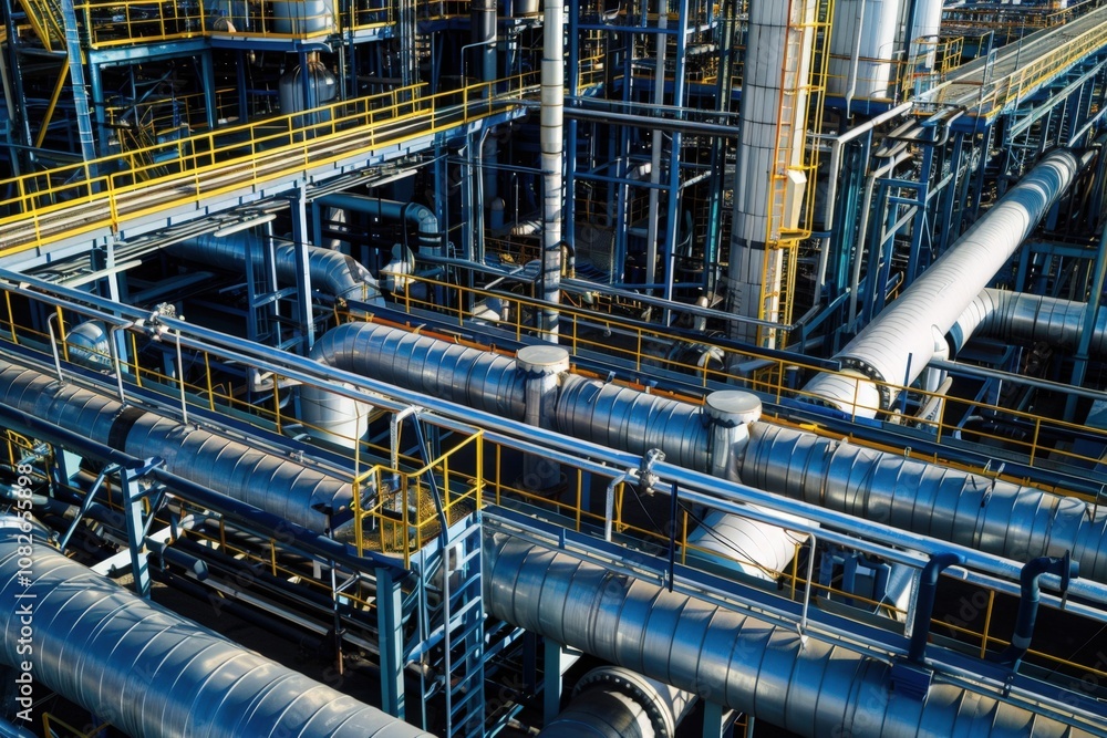 Poster aerial view of complex industrial piping system within a manufacturing facility showcasing interconn