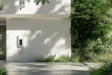 Fototapeta premium White home wall with an electric vehicle charging station and a green landscape outside, creating the perfect setting for your energy-efficient lifestyle.