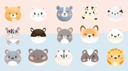 Cute lineup of 20 animals with round, friendly faces, including various species, showcasing their endearing features on a soft, pastel-colored background