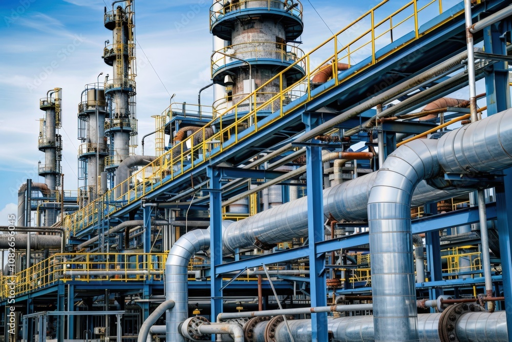 Poster aerial view of complex industrial piping system within a manufacturing facility showcasing interconn
