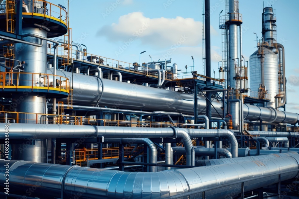 Poster aerial view of complex industrial piping system within a manufacturing facility showcasing interconn