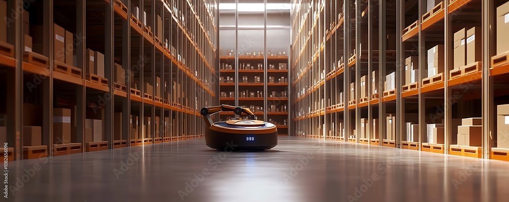 Poster a robotic device navigating an organized warehouse filled with boxes.
