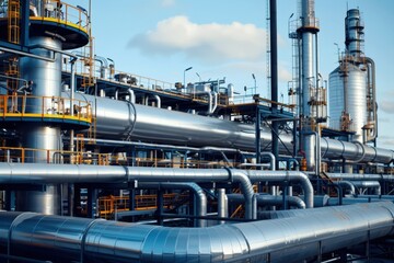 Aerial view of complex industrial piping system within a manufacturing facility showcasing interconnected tubes and structures during daytime