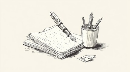 Elegant line art of stationery supplies, such as notebooks and fountain pens, featuring a clean and minimalist design on a light background.