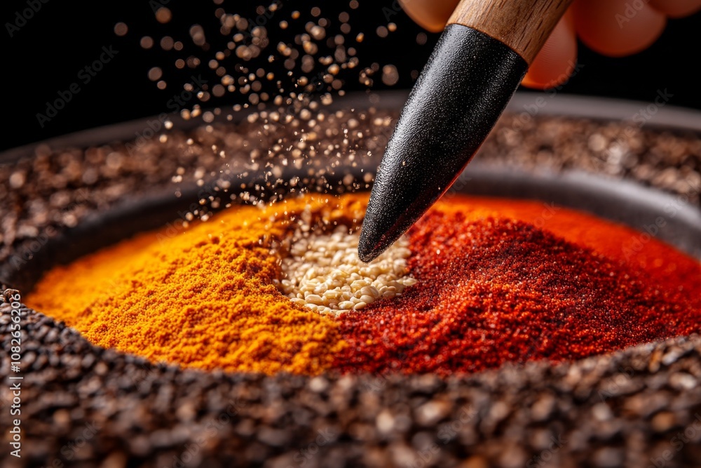 Poster hyper-realistic close-up of admixing ingredients in a bowl, showing each grain and drop in sharp det
