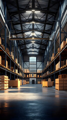 Fototapeta premium 3D Warehouse Interior, Logistics, Cardboard Boxes, Storage, Distribution Center, Industrial, Shipping, Shelves, Sunlight, Empty