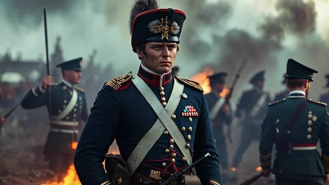 A detailed portrayal of Napoleon leading his troops during a fierce battle in 19th century Europe
