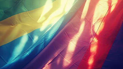 LGBTQ flag draped across a background, with light filtering through the colors, creating a peaceful and inspiring scene.